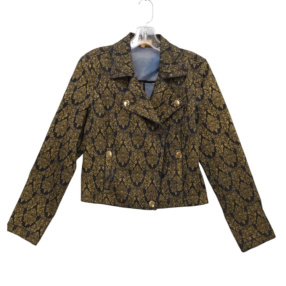 Ellen Tracy Damask Print Denim Jacket Stretch Gold Button Front Blazer Sz S